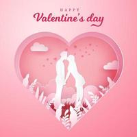 Valentijnsdag dag groet kaart. romantisch paar zoenen en Holding handen met gesneden hart achtergrond vector