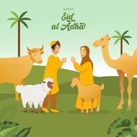 eid al adha groet kaart. schattig tekenfilm moslim kinderen vieren eid al adha met offer dieren vector