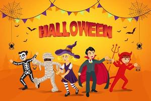 gelukkig halloween achtergrond. kinderen gekleed in halloween kostuum naar Gaan truc of behandelen met oranje achtergrond vector