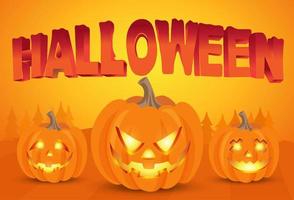 gelukkig halloween achtergrond met pompoenen en halloween typografie Aan oranje achtergrond vector