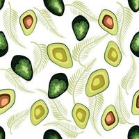 avocado naadloos patroon. geheel en gesneden avocado met bladeren en bloemen. vector