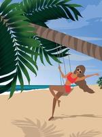 meisje Aan vakantie Aan de strand swinging Aan een schommel onder een palm boom vector