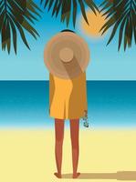 digitaal illustratie van een meisje Aan zomer vakantie in een hoed en jasje Aan de oceaan strand tussen palm bomen vector