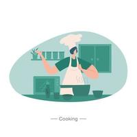 vrouw Koken Bij keuken vlak vector illustratie