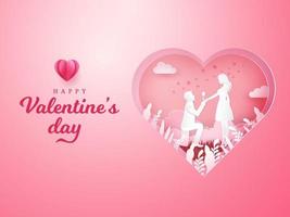 Valentijnsdag dag groet kaart. jong Mens geknield naar zijn vriendin en geven een roos met gesneden hart achtergrond vector