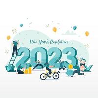 gelukkig nieuw jaar 2023. 2023 doelen en resoluties concept illustratie. klein mensen hebben pret met hun doelen in 2023. vector