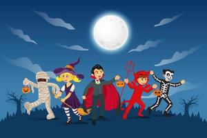 gelukkig halloween achtergrond. kinderen gekleed in halloween kostuum naar Gaan truc of behandelen met blauw achtergrond vector