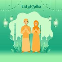 eid al-adha groet kaart concept illustratie in papier besnoeiing stijl met tekenfilm moslim paar zegen eid al-adha vector