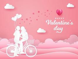 Valentijnsdag dag groet kaart. paar zittend Bij een fiets en op zoek elk andere met een hand- Holding hart vormig ballonnen vector