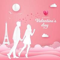 Valentijnsdag dag groet kaart. paar wandelen en Holding handen Aan roze achtergrond vector