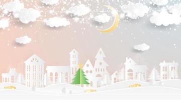Kerstmis dorp in papier besnoeiing stijl. winter landschap met maan en wolken. vector