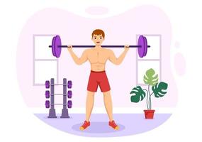 gewichtheffen sport illustratie met atleet liften een zwaar halter, Sportschool uitrusting en bodybuilder opleiding in vlak tekenfilm hand- getrokken Sjablonen vector