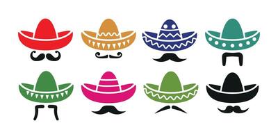 tekenfilm kleurrijk traditioneel overladen Mexicaans hoed sombrero en snor. geïsoleerd Aan wit achtergrond. vector icoon set.