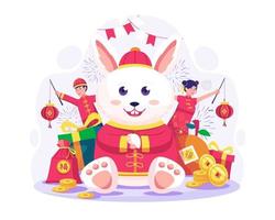 gelukkig Chinese maan- nieuw jaar met twee kinderen Holding lantaarns en een reusachtig konijn aan het doen vuist en palm groet groet gebaren. vector illustratie in vlak stijl