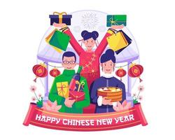 Chinese nieuw jaar boodschappen doen met Aziatisch jong mensen Holding geschenk dozen en boodschappen doen Tassen. mensen kopen presenteert en goederen naar vieren de nieuw jaar. vector illustratie in vlak stijl