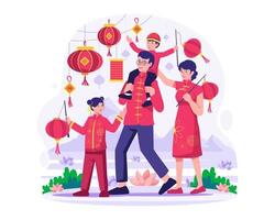 de Aziatisch familie in traditioneel jurk viert de Chinese nieuw jaar. de ouder en zijn kinderen nemen een wandelen. vader houdt de zoon Aan zijn schouders. vector illustratie