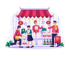 Aziatisch mensen kopen presenteert en goederen van een traditioneel straat markt. teller kraam met goederen en souvenirs. Chinese nieuw jaar boodschappen doen illustratie vector