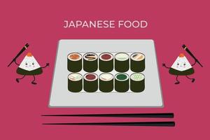 een reeks van vector pictogrammen van heerlijk gekleurde sushi broodjes. traditioneel Japans keuken. Aziatisch zeevruchten groep. vlak stijl