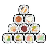 vector icoon reeks van lekker gekleurde sushi broodjes. verzameling van verschillend smaken en soorten. traditioneel Japans voedsel. Aziatisch zeevruchten groep. sjabloon voor sushi restaurant, cafe, levering of uw bedrijf