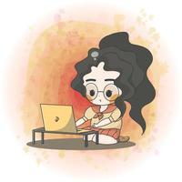 schattig chibi meisje leerling in school- uniform met met laptop in online klasse vector