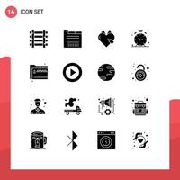 16 solide glyph concept voor websites mobiel en apps map tijd e handel klok favoriete bewerkbare vector ontwerp elementen