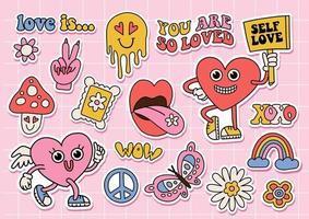 groovy hippie liefde sticker set. retro catroon gelukkig valentijnsdag dag stickers pak. grappig hart mascottes in modieus wijnoogst Jaren 60 jaren 70 tekenfilm stijl. raar tekens en elementen. vector illustratie uitrusting