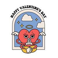 groovy afdrukken of sticker met kom tot rust hart karakter in lotus positie. retro tekenfilm lief mascotte met Vleugels. gelukkig valentijnsdag dag concept in Jaren 60 jaren 70 toons stijl. funky schattig vector illustratie