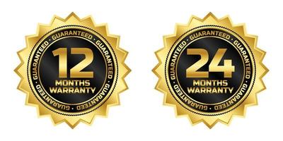 12 en 24 maanden garantie gegarandeerd insigne logo vector met zwart en goud kleur voor Product etiket