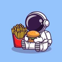 schattig astronaut eten hamburger met Frans Patat tekenfilm vector icoon illustratie. wetenschap voedsel icoon concept geïsoleerd premie vector. vlak tekenfilm stijl