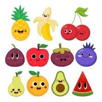 gelukkig schattig glimlachen fruit gezicht set. vector vlak kawaii tekenfilm karakter illustratie icoon verzameling