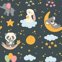 schattig slapen dieren mooi zo nacht vector naadloos patroon. hemel- lichamen, wolken, sterren, maan, panda, olifant, konijn en koala. kinderkamer textuur, kaart, kinderen afdrukken, baby douche.