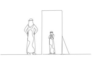 tekening van Arabisch Mens op zoek Bij de spiegel zien timide mini versie van zelf. single lijn kunst stijl vector