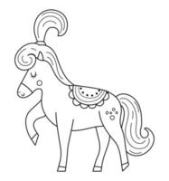 zwart en wit paard met een zadel en pony staart. vector circus dier. amusement vakantie lijn icoon. schattig grappig festival karakter klem kunst. straat tonen komiek illustratie of kleur bladzijde