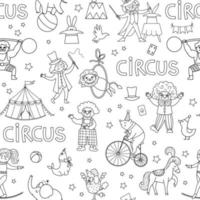 vector zwart en wit circus naadloos patroon. lijn herhaling achtergrond met straat tonen dieren, tent, artiesten. amusement vakantie digitaal papier of kleur bladzijde