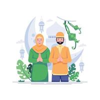 Ramadan kareem illustratie, levensstijl van moslim mensen in tekenfilm karakter stijl, vlak illustratie grafisch ontwerp vector