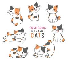 schattig calico bobtail grappig kat tekenfilm tekening dier hand- tekening vector