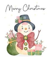 schattig Kerstmis sneeuwman karakter met een groen zak van cadeaus waterverf tekenfilm hand- schilderij illustratie vector