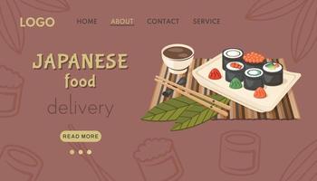 Japans voedsel levering. Aziatisch spandoek. nationaal schotel detailopname met kawaii nigiri sushi, eetstokjes, saus, vasabi. vector achtergrond met silhouet van sushi maki voor oosters menu, Koken concept