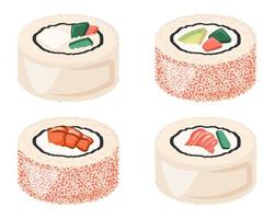 reeks van Japans sushi broodjes, nigiri sushi sashimi met zeevruchten, groenten, rijst. Aziatisch gerecht. traditioneel voedsel detailopname. vector vlak illustratie voor menu, poster, folder, banier, Koken concept