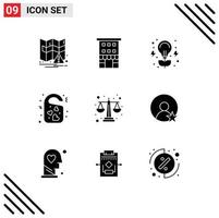 modern reeks van 9 solide glyphs pictogram van balans bruiloft lamp hart label bewerkbare vector ontwerp elementen