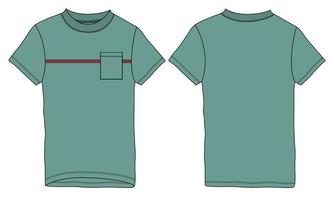 regelmatig fit kort mouw t-shirt technisch met borst streep en zak- mode vlak schetsen sjabloon voorkant en terug visie. vector