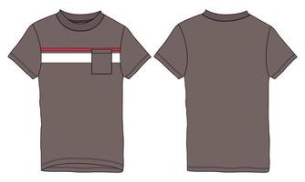 regelmatig fit kort mouw t-shirt technisch met borst streep en zak- mode vlak schetsen sjabloon voorkant en terug visie. vector