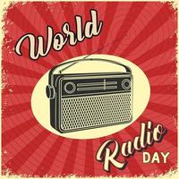 wereld radio dag achtergrond in wijnoogst stijl met grunge texturen en radio illustratie vector