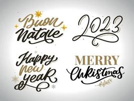 vrolijk Kerstmis reeks 2023 gelukkig nieuw jaar, typografie belettering insigne emblemen citaten reeks verzameling. vector logo ontwerp voor ansichtkaart, uitnodiging, groet kaart, poster, geschenk.