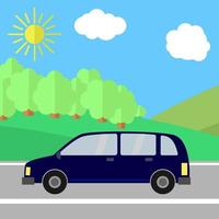 donker blauw sport nut voertuig Aan een weg Aan een zonnig dag. zomer reizen illustratie. auto over- landschap. vector