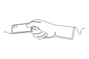 single een lijn tekening hand- Holding kaart voor betaling transacties. zonder contant geld betaling concept. doorlopend lijn trek ontwerp grafisch vector illustratie.