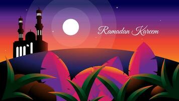 Ramadan kareem achtergrond met moskee en natuur in de nacht illustratie vector