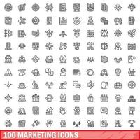 100 marketing iconen set, Kaderstijl vector