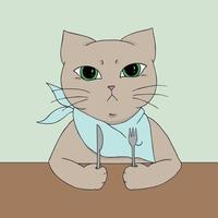 boos en hongerig kat met een vork en een mes. zittend kat. hand- getrokken kat kunst. grijs kat. kinderachtig tekenfilm ontwerp. vector kunst