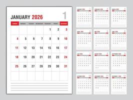 maandelijks kalender sjabloon voor 2026 jaar, week begint Aan zondag, ontwerper 2026 jaar, muur kalender in een minimalistische stijl, bureau kalender 2026 sjabloon verticaal lay-out, bedrijf sjabloon vector